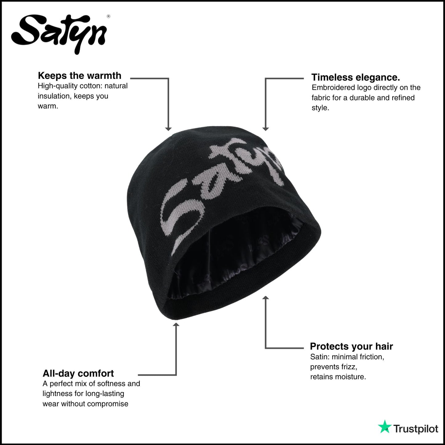 SatynBeanie Black - Satin inside