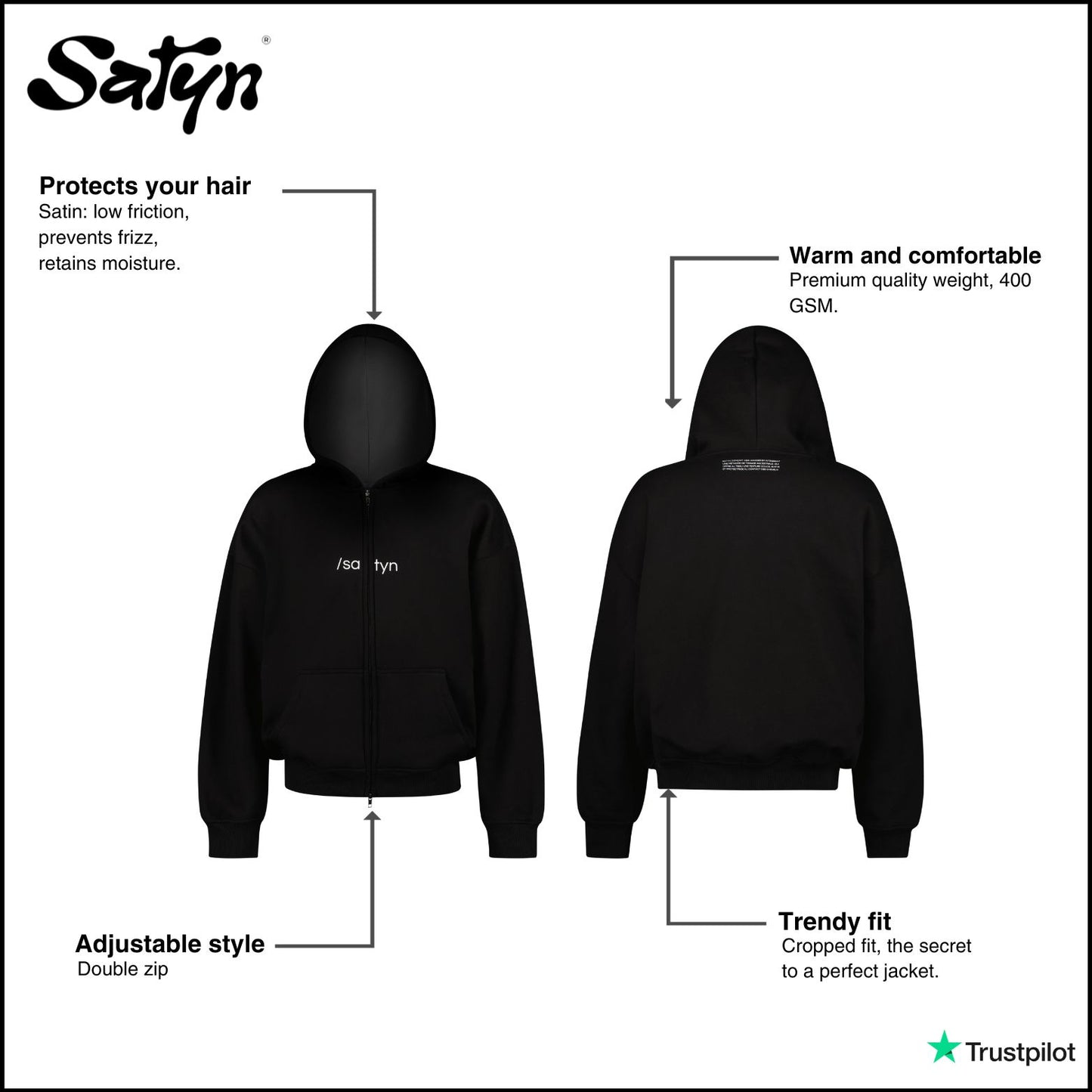 Hoodie Zip /satyn - Jet black