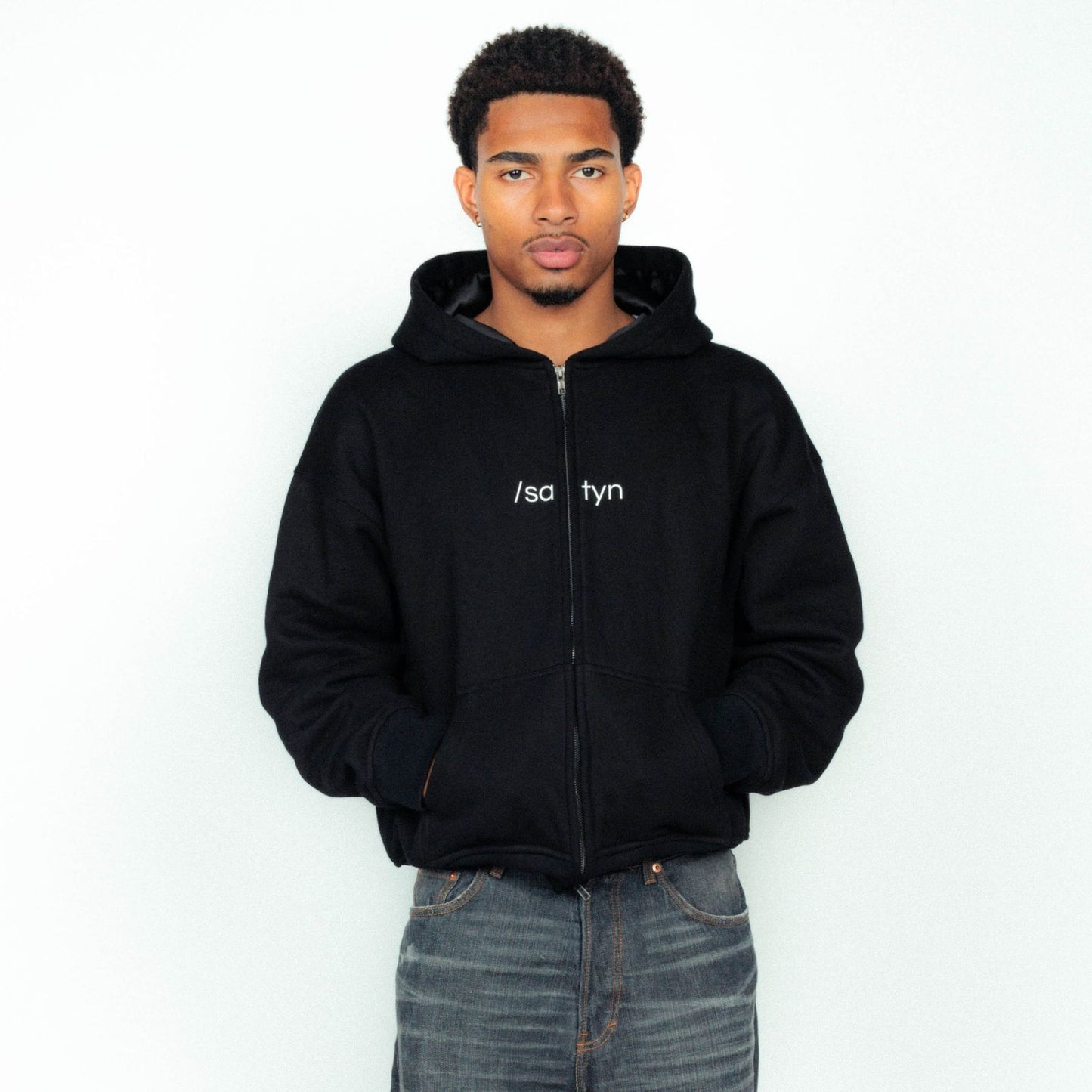 Hoodie Zip /satyn - Jet black